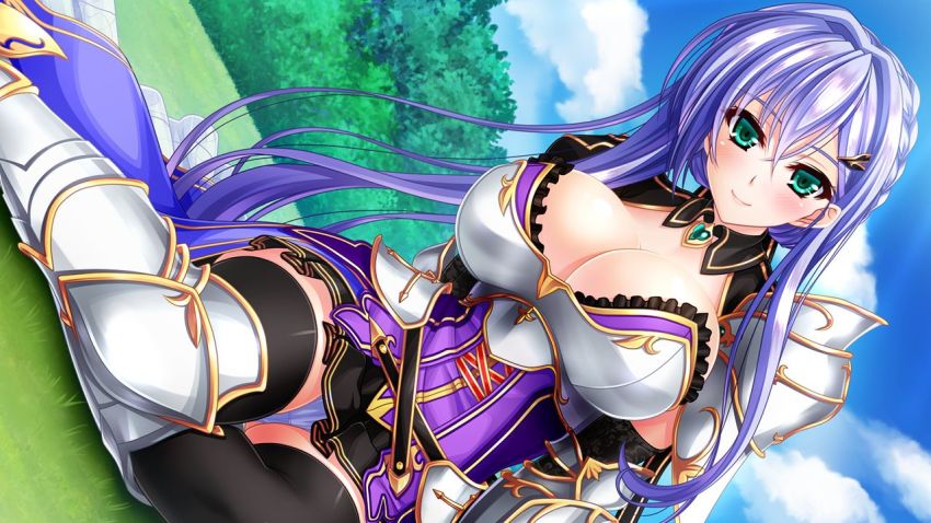 1girl, amasaka_takashi, aqua_eyes, armor, armored_boots, belt, belt_skirt, black_thighhighs, blush, boots, braid, breastplate, breasts, brooch, cleavage, cleavage_cutout, closed_mouth, clothing_cutout, cloud, cross-laced_clothes, crown_braid, day, elbow_gloves, faulds, female_focus, frills, game_cg, gauntlets, gem, gloves, grass, green_gem, hair_between_eyes, hair_intakes, hair_ornament, hairclip, jewelry, large_breasts, light_purple_hair, light_smile, long_hair, looking_at_viewer, miniskirt, on_ground, outdoors, panties, pantyshot, pauldrons, pleated_skirt, puffy_sleeves, selphine_flowlight, sennri_sabanegi, short_hair_with_long_locks, shoulder_armor, showgirl_skirt, sideboob, sidelocks, sitting, skirt, sky, smile, solo, thighhighs, tree, underwear, unionism_quartet, unionism_quartet_a-3_days, vambraces, very_long_hair, yokozuwari, zettai_ryouiki