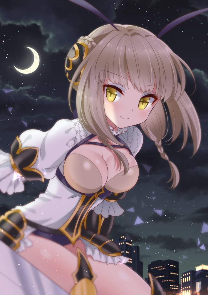 10s, 1girl, breasts, brown_hair, cleavage, female_focus, genderswap, genderswap_(mtf), la_pucelle_(mahoiku), large_breasts, long_hair, mahou_shoujo_ikusei_keikaku, mahou_shoujo_ikusei_keikaku_unmarked, okazaki_beru, smile, solo, yellow_eyes