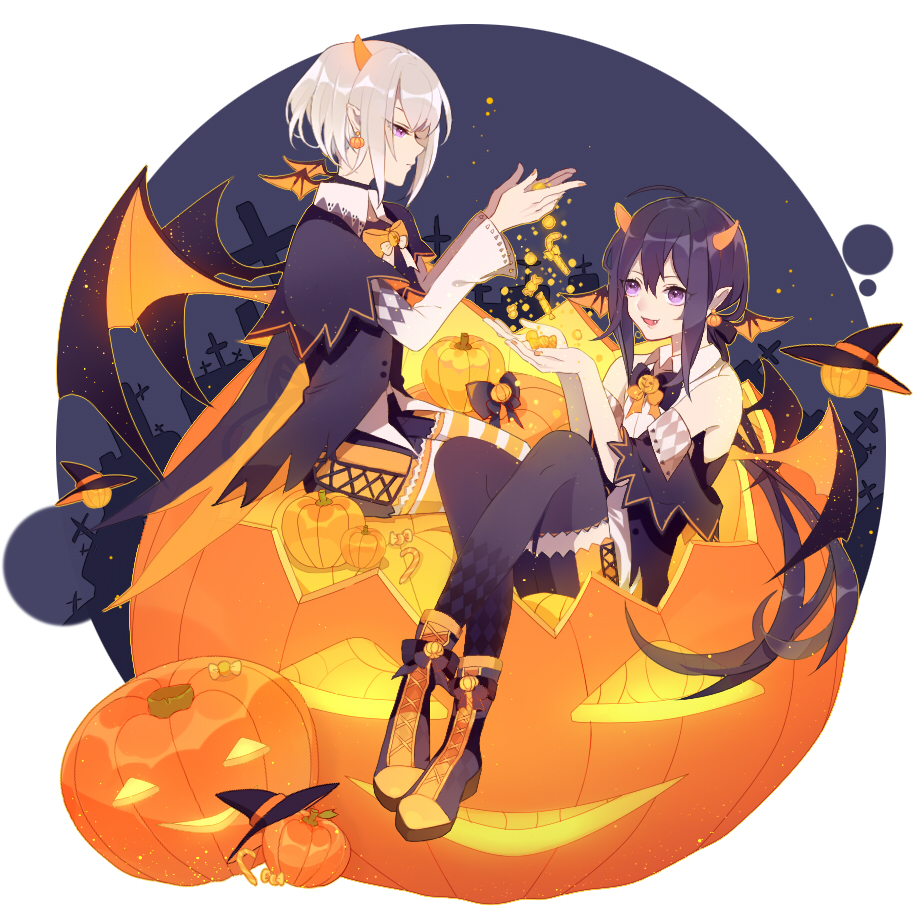 10s, 2333, 2boys, ahoge, androgynous, argyle_clothes, argyle_legwear, bat_wings, black_hair, bow, bowtie, candy, cross, earrings, fang, food, halloween, hat, honebami_toushirou, horns, jack-o'-lantern, jewelry, male_focus, multiple_boys, namazuo_toushirou, open_mouth, pointy_ears, ponytail, pumpkin, purple_eyes, shorts, smile, striped_legwear, thighhighs, touken_ranbu, white_hair, wings, witch_hat