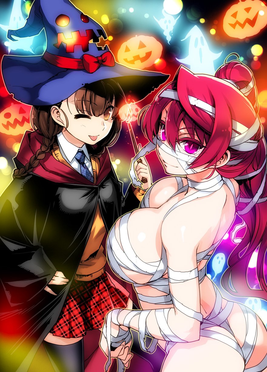 2girls, ;p, alternate_costume, alternate_hairstyle, arched_back, ass, bandages, bare_shoulders, black_legwear, braid, breasts, brown_eyes, brown_hair, cardigan, cleavage, cloak, closed_mouth, cosplay, cowboy_shot, from_side, halloween, halloween_costume, hand_on_own_hip, hat, highres, ishida_akira, jack-o'-lantern, large_breasts, long_hair, long_sleeves, looking_to_the_side, maid_ane_(maoyuu), maou_(maoyuu), maoyuu_maou_yuusha, multiple_girls, mummy, mummy_(cosplay), necktie, one_eye_closed, pink_eyes, plaid_clothes, plaid_necktie, plaid_neckwear, plaid_skirt, ponytail, red_hair, skirt, thighhighs, tongue, tongue_out, twin_braids, wand, wide_sleeves, witch, witch_hat