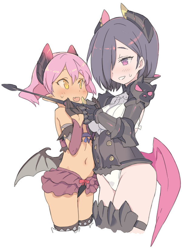 2girls, blade_(galaxist), blush, boots, cosplay, cropped_legs, dark-skinned_female, dark_skin, demon_girl, demon_wings, fang, female_focus, hair_over_one_eye, holding, holding_riding_crop, horns, low_wings, midriff, multiple_girls, navel, open_mouth, pink_eyes, pink_hair, pointy_ears, pop-up_story, purple_eyes, purple_hair, revia_serge, riding_crop, short_hair, simple_background, skin_fang, skirt, smile, sweatdrop, tail, thigh_boots, thighhighs, ursula_raiment, volteria_dig_platidity, volteria_dig_platidity_(cosplay), whip, white_background, wings, yellow_eyes, yuri