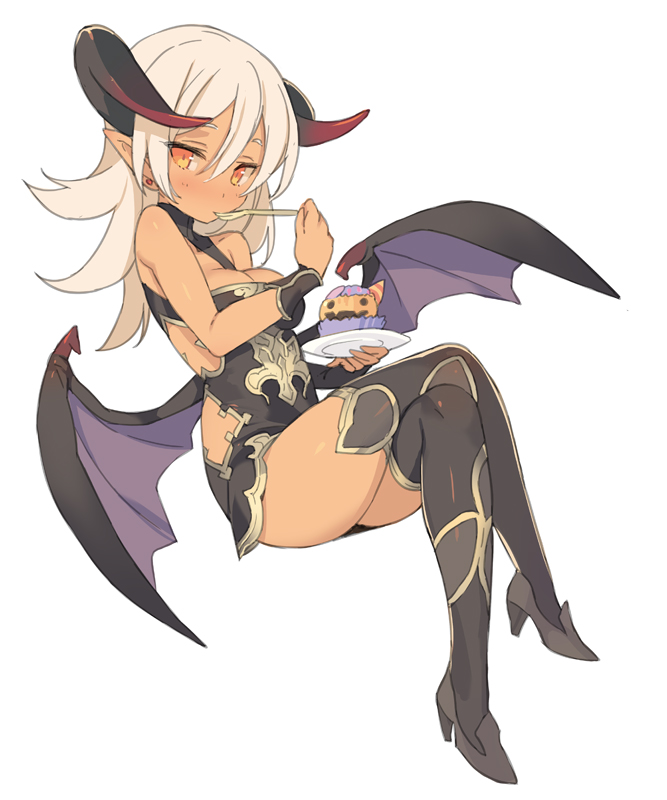 1girl, birthday, blade_(galaxist), blonde_hair, blush, boots, breasts, cleavage, cleavage_cutout, clothing_cutout, crossed_legs, cupcake, dark-skinned_female, dark_elf, dark_skin, demon_girl, demon_horns, demon_wings, dress, earrings, eating, elf, fake_horns, fake_wings, female_focus, food, fork, full_body, high_heel_boots, high_heels, holding, horns, invisible_chair, jenna_kirsty, jewelry, long_hair, official_art, open_clothes, orange_eyes, plate, pointy_ears, pop-up_story, short_dress, simple_background, sitting, solo, spoon, thigh_boots, thighhighs, white_background, wings