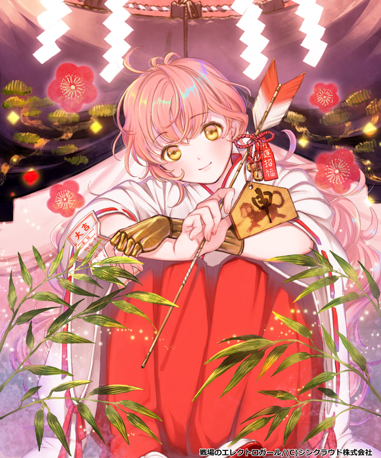 1girl, arrow_(projectile), female_focus, hakama, hakama_skirt, hamaya, japanese_clothes, long_hair, looking_at_viewer, miko, official_art, olha_(senjou_no_electro_girl), omikuji, pink_hair, senjou_no_electro_girl, skirt, solo, sugi, yellow_eyes
