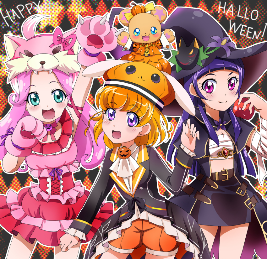 3girls, :3, :d, animal_hands, apple, arm_up, asahina_mirai, ascot