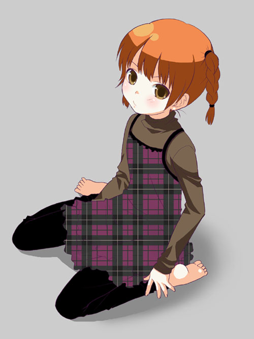 1girl, barefoot, braid, brown_eyes, dress, feet, female_focus, full_body