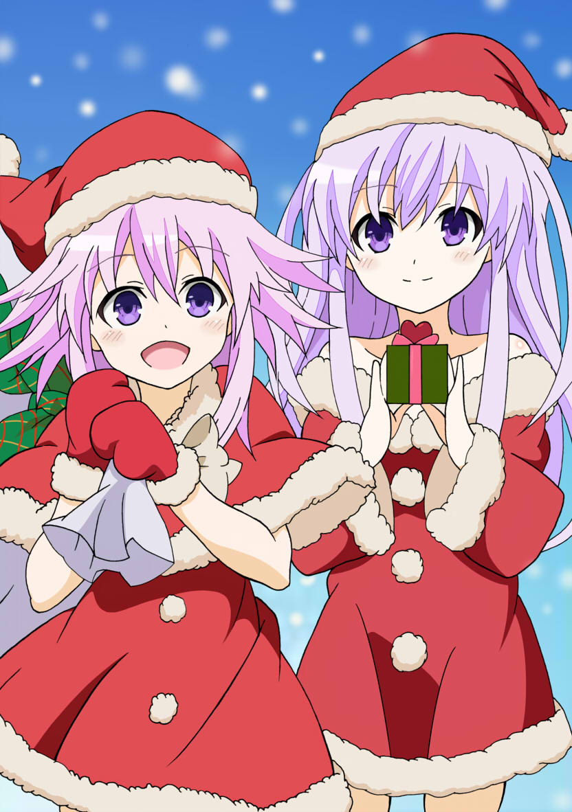 10s, 2girls, blush, christmas, female_focus, hat, k_(nura-rikuo), multiple_girls, nepgear, neptune_(neptunia), neptune_(series), purple_eyes, purple_hair, santa_costume, santa_hat, siblings, smile, snow