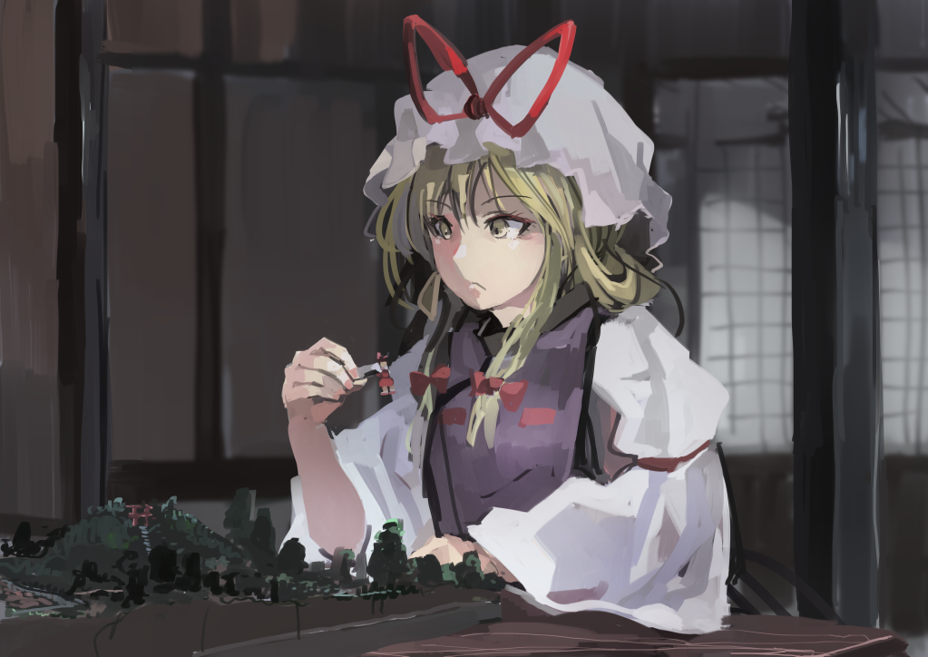 1girl, blonde_hair, blurry, bow, diorama, female_focus, figure, frown