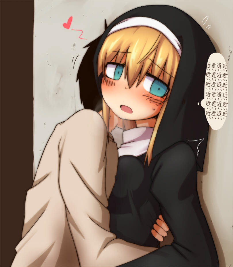 1boy, 1girl, ^^^, against_wall, blonde_hair, blue_eyes, blush, breasts