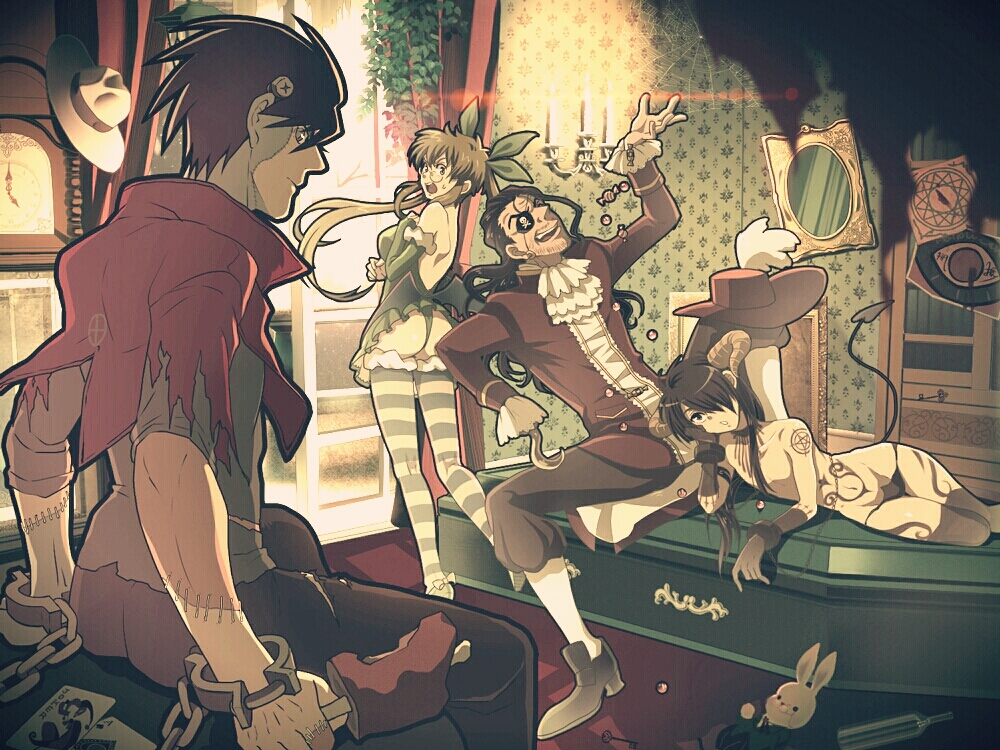 10s, 1girl, 3boys, 3girls, androgynous, ascot, ass, beard