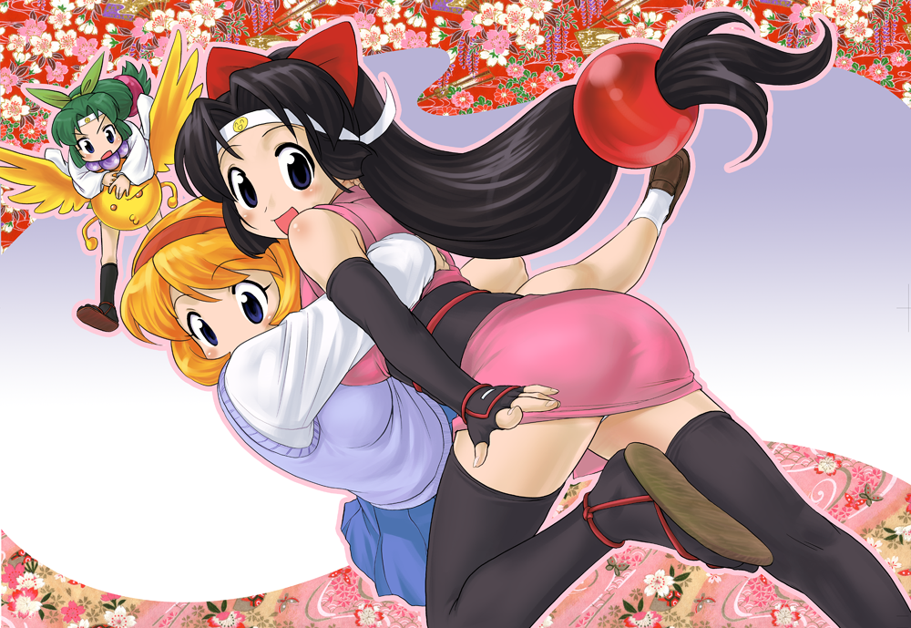 00s, 3girls, ass, black_hair, black_socks, black_thighhighs, blonde_hair, blue_eyes