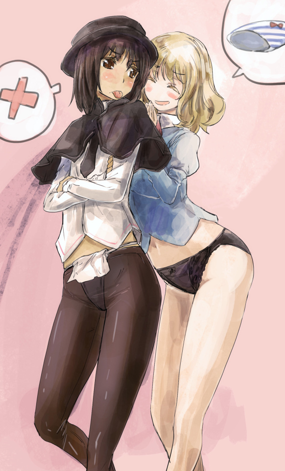 2girls, ^_^, black_legwear, black_panties, blonde_hair, brown_eyes, brown_hair, capelet