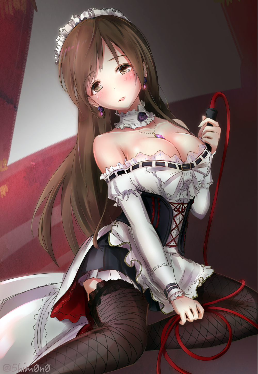 10s, 1girl, blush, breasts, brown_eyes, brown_hair, cleavage, corset, detached_sleeves, earrings, female_focus, fishnet_thighhighs, fishnets, highres, idolmaster, idolmaster_cinderella_girls, jewelry, long_hair, maid, matching_hair/eyes, necklace, nitta_minami, shimono_(utapre), solo, thighhighs, whip