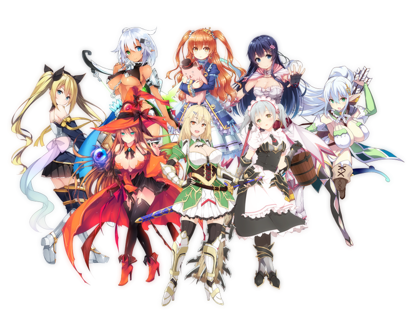 6+girls, :d, :o, akashio_(loli_ace), annotated, apron, aqua_eyes, armor