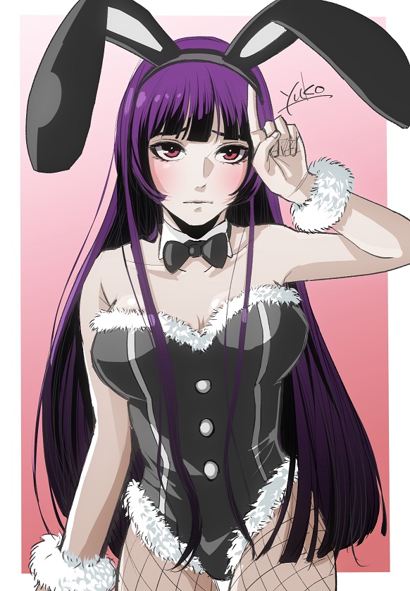 1girl, animal_ears, bare_shoulders, black_leotard, blunt_bangs, blush, bow, bowtie, breasts, character_name, collarbone, cowboy_shot, detached_collar, fake_animal_ears, female_focus, fishnet_pantyhose, fishnets, gradient_background, green_(gurin), hairband, hime_cut, kanoe_yuuko, large_breasts, leotard, long_hair, pantyhose, pink_background, playboy_bunny, purple_hair, rabbit_ears, red_eyes, simple_background, solo, standing, strapless, strapless_leotard, tasogare_otome_x_amnesia, very_long_hair, wrist_cuffs