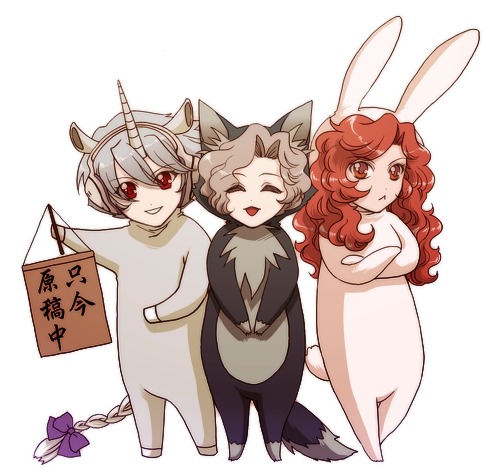 3boys, animal_ears, chibi, cosplay, jonah_matsuka, lowres, male_focus, multiple_boys