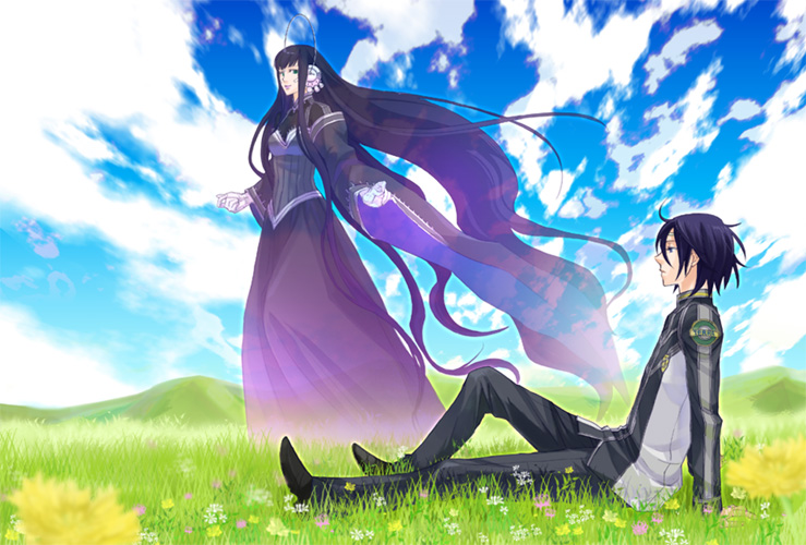1boy, 1girl, black_hair, cloud, day, dress, flower, hologram, keith_anyan, long_hair, mother_eliza, sitting, sky, toward_the_terra, uniform