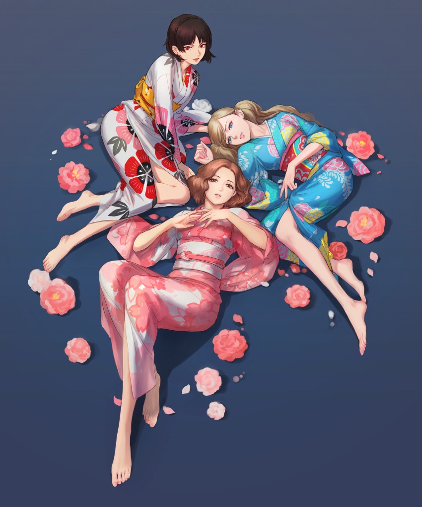 10s, 3girls, absurdres, arm_support, barefoot, black_hair, blonde_hair, blue_background, blue_eyes, braid, brown_eyes, brown_hair, crown_braid, earrings, feet, floral_print, flower, gradient_background, grey_background, highres, japanese_clothes, jewelry, kimono, looking_at_viewer, lying, multiple_girls, nail_polish, niijima_makoto, obi, okumura_haru, on_back, on_side, parted_lips, persona, persona_5, petals, pink_flower, pink_nails, qingxingzhen, red_eyes, revision, sash, short_hair, smirk, stud_earrings, takamaki_anne, toenails, twintails, wavy_hair, yukata