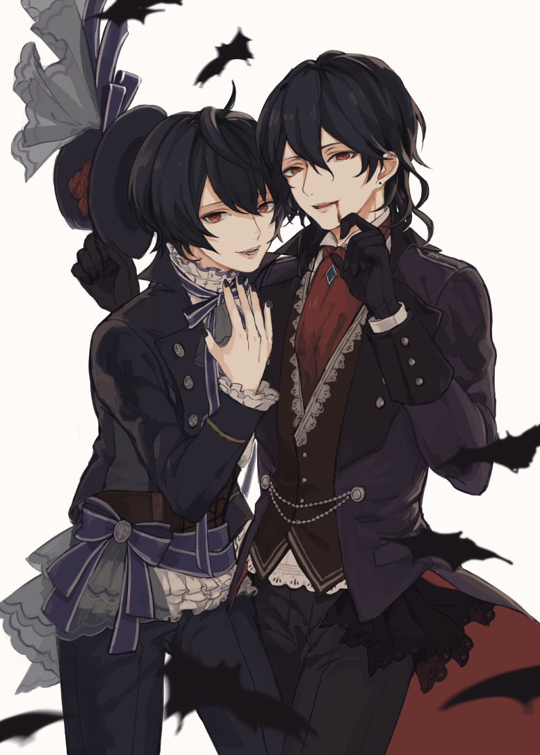 10s, 2boys, ascot, bat_(animal), black_gloves, black_hair, black_nails, blood