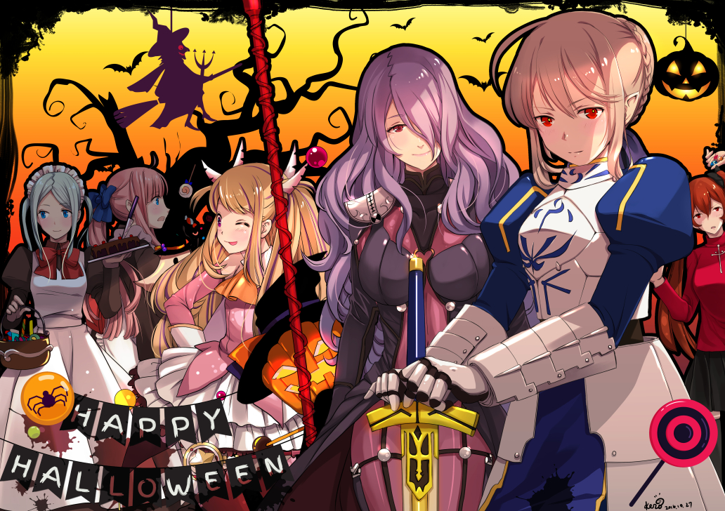 2016, 6+girls, alternate_costume, alternate_hairstyle, apron, armor, artoria_pendragon_(fate), bare_tree, blonde_hair, blue_hair, camilla_(fire_emblem), female_corrin_(fire_emblem), cosplay, dated, dress, elise_(fire_emblem), excalibur_(fate/stay_night), fate/grand_order, fate/kaleid_liner_prisma_illya, fate/stay_night, fate_(series), felicia_(fire_emblem), fire_emblem, fire_emblem_fates, flora_(fire_emblem), frilled_dress, frills, gauntlets, gloves, hair_over_one_eye, halloween, halloween_costume, happy_halloween, hisui_(cosplay), hisui_(tsukihime), illyasviel_von_einzbern, jack-o'-lantern, kero_sweet, kohaku_(cosplay), kohaku_(tsukihime), long_hair, maid, maid_headdress, multiple_girls, nintendo, outdoors, pauldrons, pink_hair, pointy_ears, polearm, ponytail, prisma_illya, prisma_illya_(cosplay), pumpkin, purple_hair, red_eyes, red_hair, saber_(fate), saber_(fate)_(cosplay), scathach_(fate), scathach_(fate)_(cosplay), selena_(fire_emblem_fates), severa_(fire_emblem), shoulder_armor, siblings, signature, sisters, smile, sword, tohsaka_rin, tohsaka_rin_(cosplay), tree, tsukihime, twins, twintails, weapon