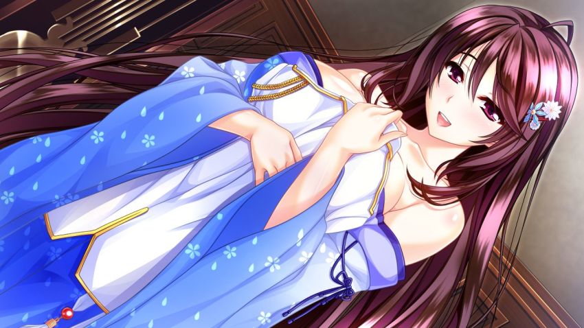 1girl, amasaka_takashi, bare_shoulders, blush, breasts, brown_hair, female_focus, game_cg, hair_ornament, hairclip, huge_breasts, japanese_clothes, jpeg_artifacts, katanajou_minamo, kimono, long_hair, long_sleeves, looking_at_viewer, open_mouth, purple_eyes, purple_hair, smile, solo, unionism_quartet, very_long_hair