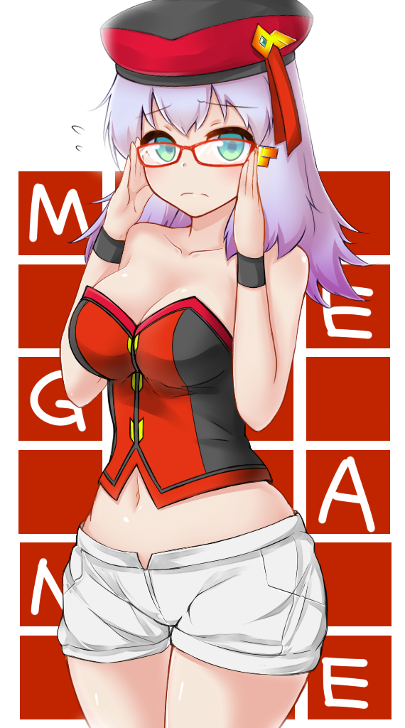 1girl, adjusting_eyewear, aqua_eyes, bare_shoulders, beret, bespectacled, blush, breasts