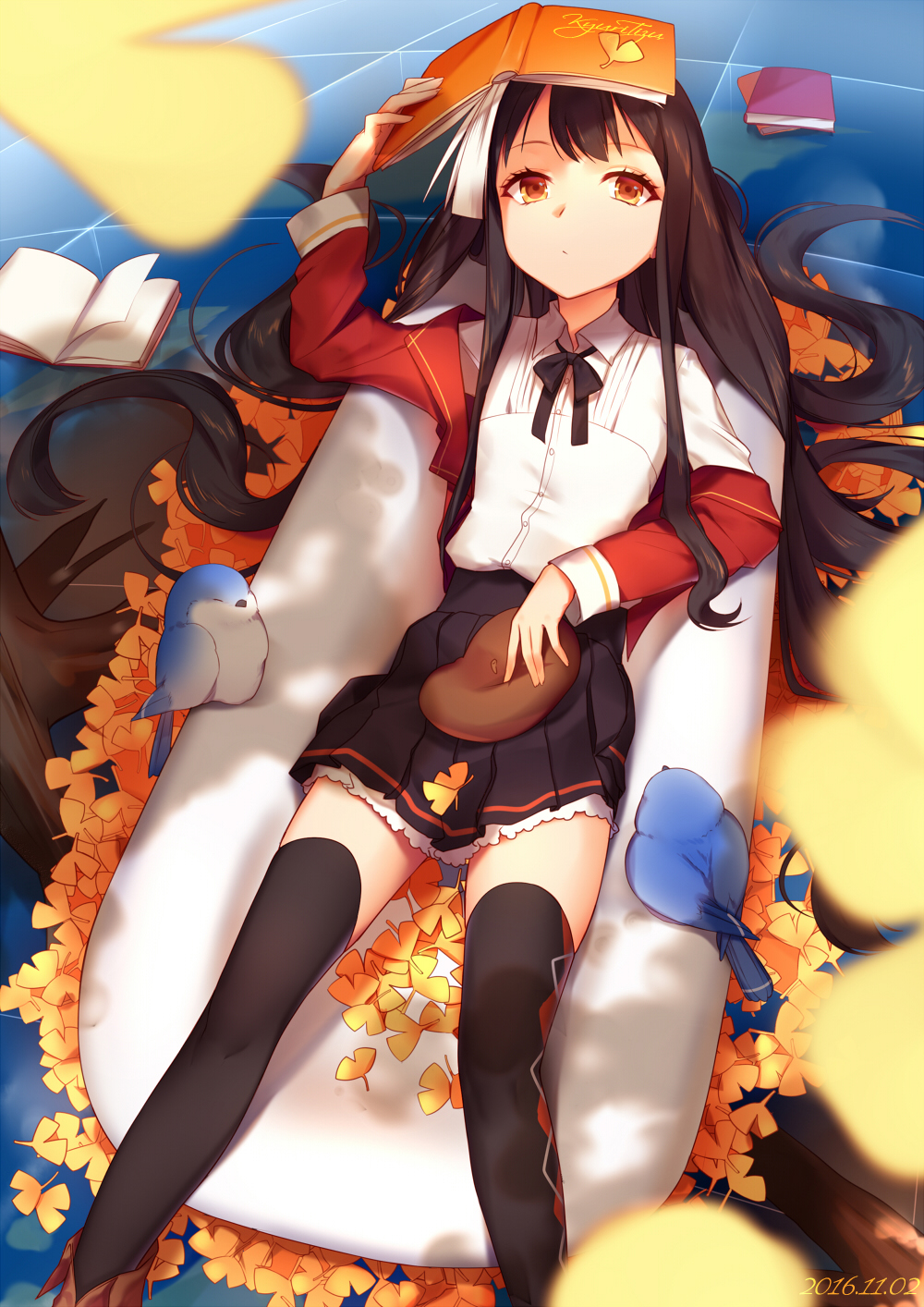 10s, 1girl, 2016, ankle_boots, argyle_clothes, argyle_thighhighs, autumn_leaves, beret