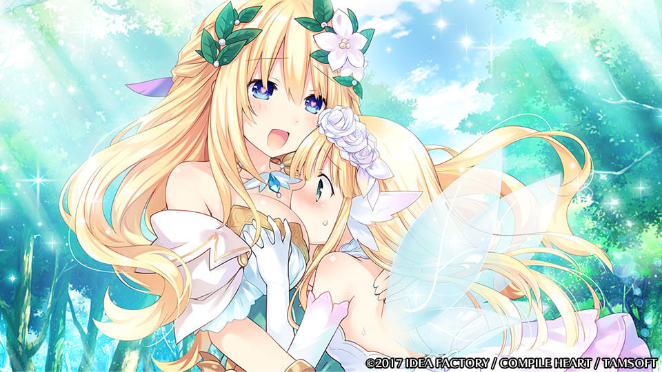 10s, 2girls, between_breasts, blonde_hair, blue_eyes, blush, bouquet_(neptunia), breast_smother, breasts, cleavage, dress, face_to_breasts, fairy_wings, female_focus, forest, grabbing_another's_breast, green_eyes, groping, head_between_breasts, heart, heart-shaped_pupils, hug, large_breasts, long_hair, multiple_girls, nature, neptune_(series), official_art, open_mouth, smile, symbol-shaped_pupils, tsunako, vert_(neptunia), very_long_hair, wings, yuri