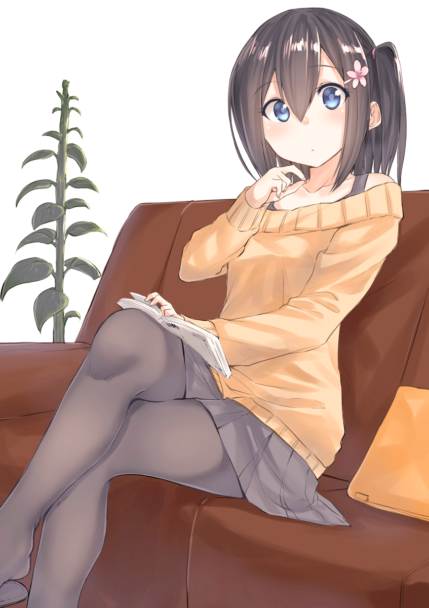 1girl, alternate_hair_ornament, bare_shoulders, black_hair, black_pantyhose, blue_eyes, book, breasts
