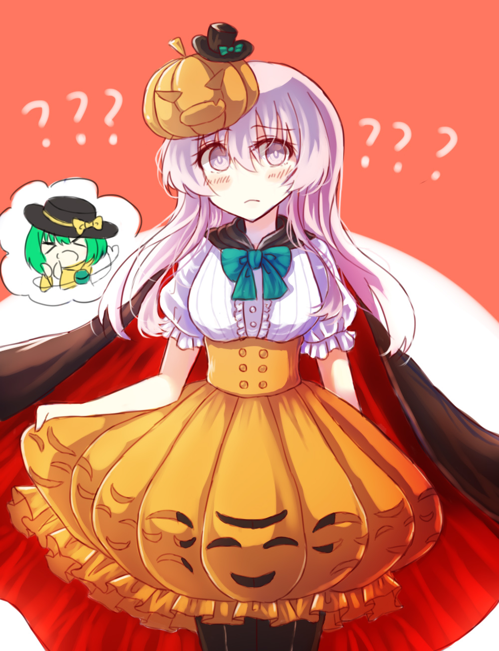 1girl, black_pantyhose, blouse, bubble_skirt, cape, chilia012, clothes_lift, confused