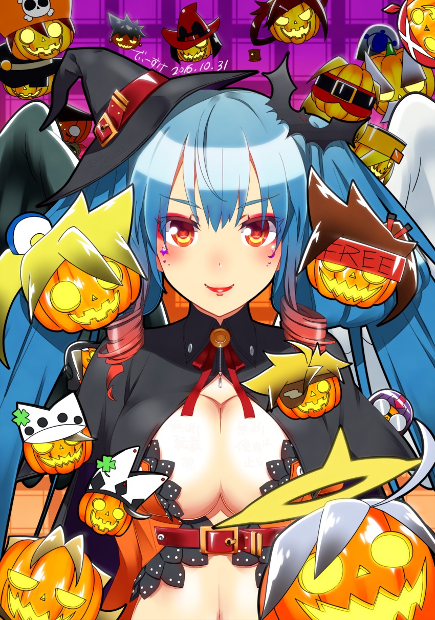 1girl, adapted_costume, annotation_request, asymmetrical_wings, blue_hair, breasts, cameo, cleavage