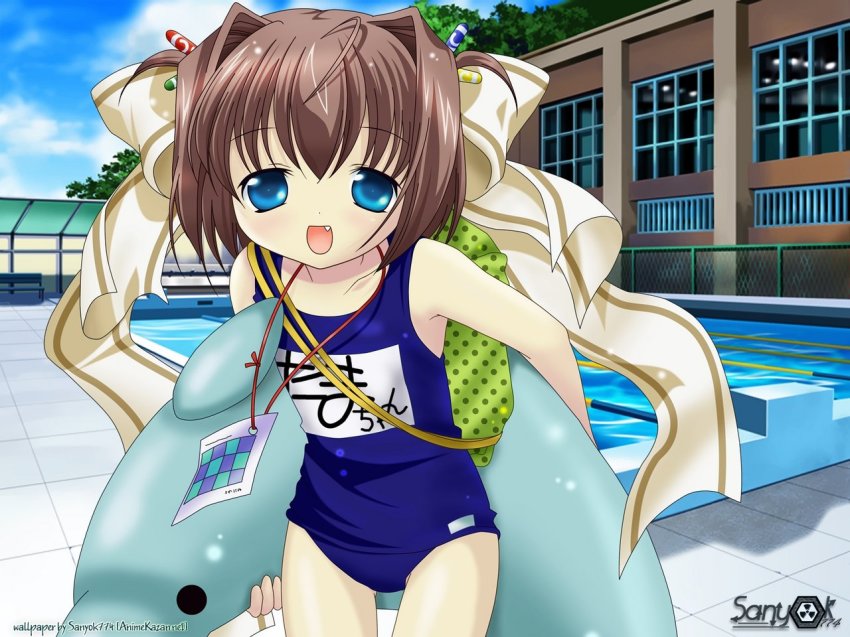 1girl, binzume_yousei, blue_eyes, blue_one-piece_swimsuit, blue_school_swimsuit, building, cloud, collarbone