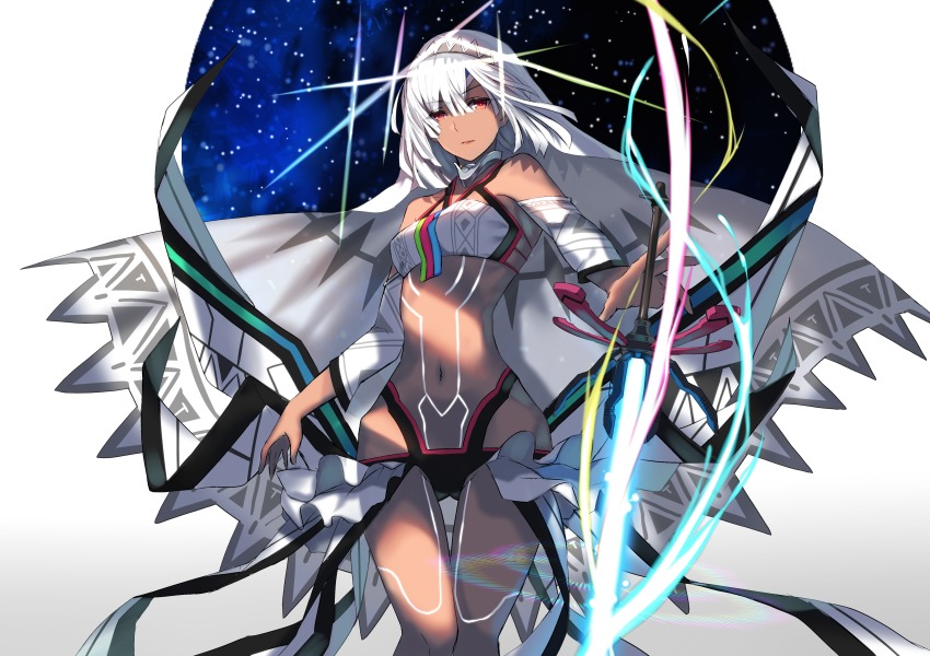 1girl, absurdres, altera_(fate), altera_(third_ascension)_(fate), bare_shoulders, dark-skinned_female, dark_skin, fate/grand_order, fate_(series), female_focus, gluteal_fold, highres, hip_focus, karlwolf, long_hair, looking_at_viewer, photon_ray_(fate), red_eyes, solo, sword, thigh_gap, thighs, weapon, white_hair