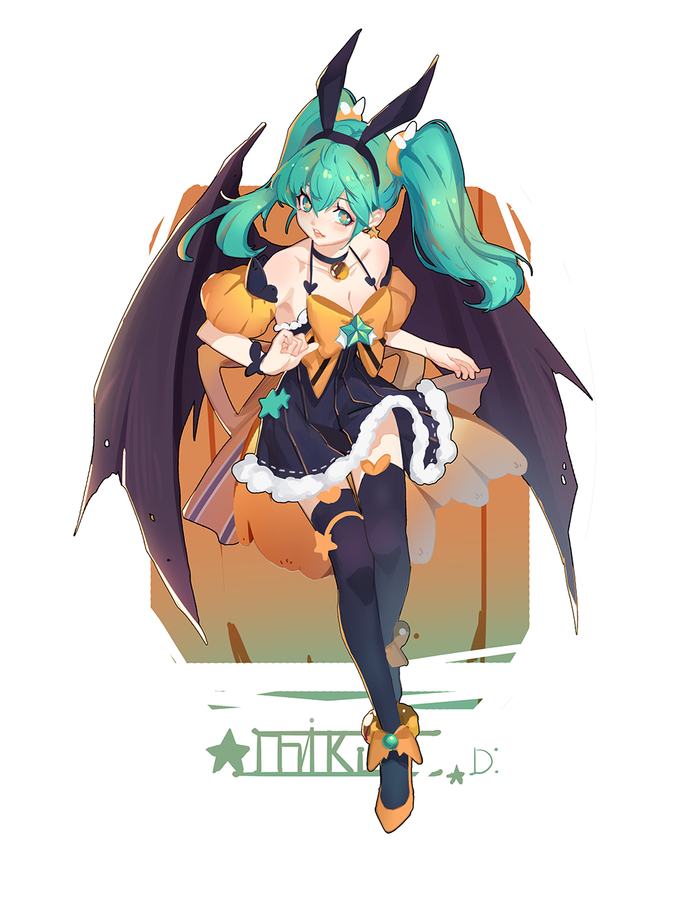 1girl, bell, choker, dazhangfu, female_focus, full_body, green_eyes, green_hair