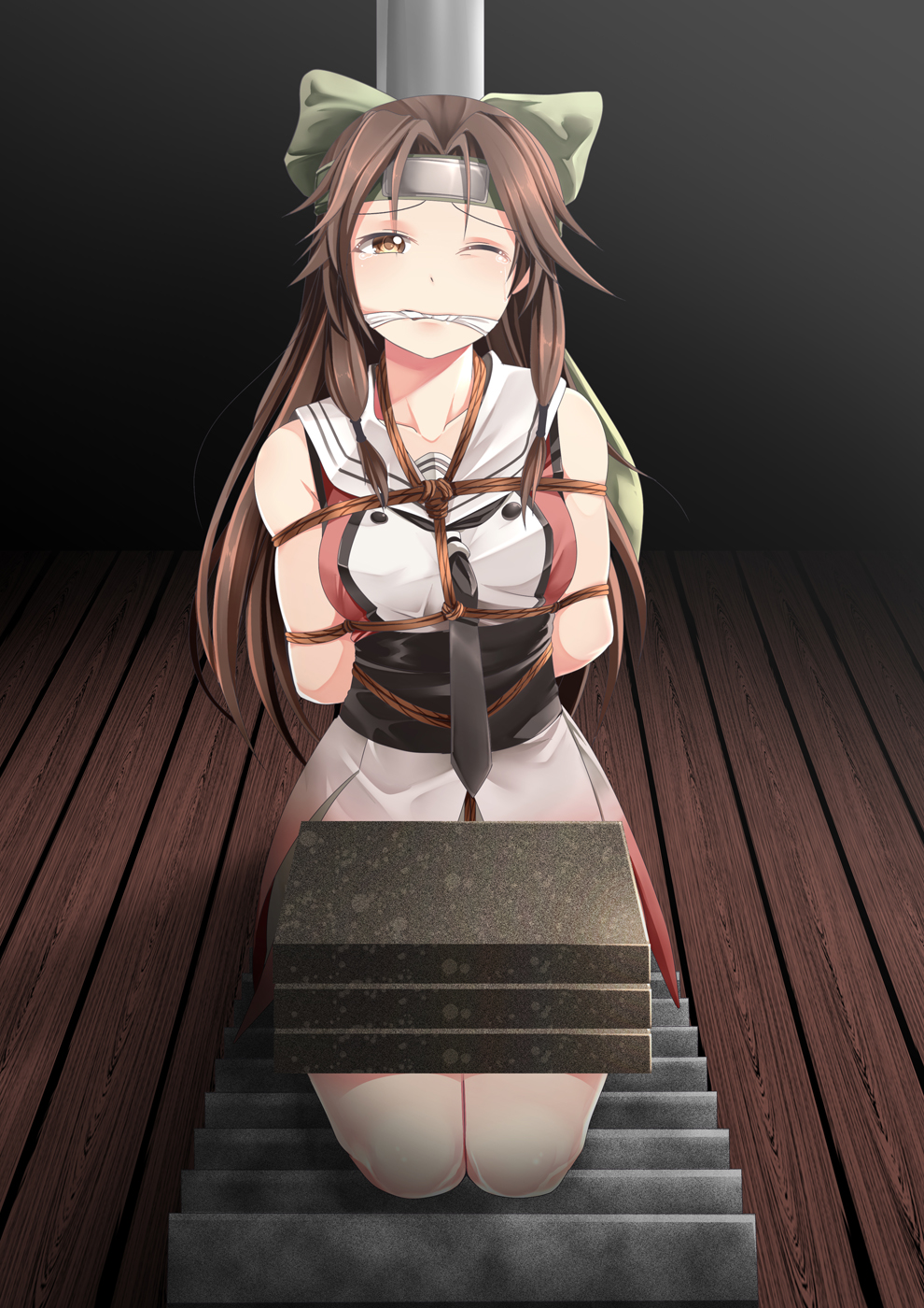 10s, 1girl, arms_behind_back, bdsm, bondage, bound, bow, breast_bondage, brown_hair, collarbone, female_focus, gag, gagged, green_bow, hair_bow, hair_ornament, headband, highres, ishidaki, jintsuu_(kancolle), kantai_collection, kneeling, long_hair, necktie, orange_eyes, rope, school_uniform, serafuku, shirt, sleeveless, sleeveless_shirt, solo, tears, torture, yasume_yukito