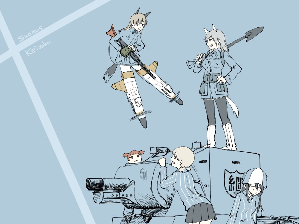 10s, 5girls, aki_(girls_und_panzer), animal_ears, aurora_e._juutilainen, blonde_hair, blue_headwear, blue_theme