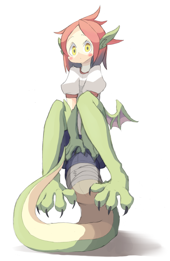 1girl, 4138, bike_shorts, blush_stickers, dragon_girl, female_focus, full_body, monster_girl