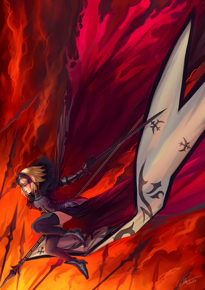 1girl, ahoge, armor, black_thighhighs, blonde_hair, cape, fate/grand_order, fate_(series)