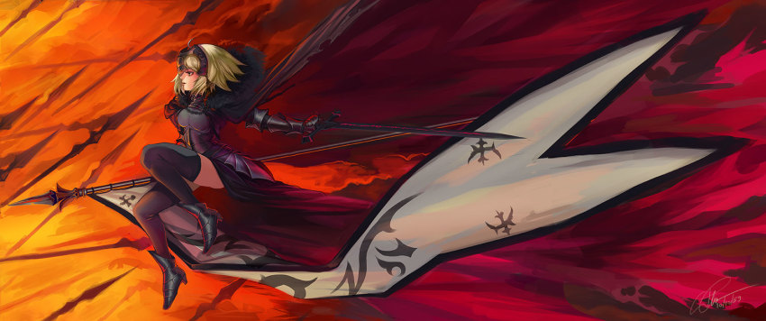 1girl, ahoge, armor, black_thighhighs, blonde_hair, cape, fate/grand_order, fate_(series)