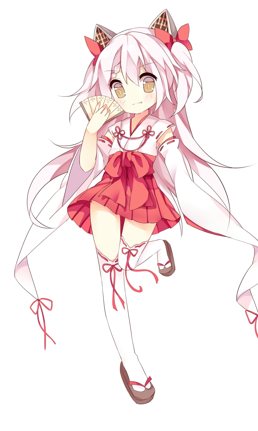 1girl, absurdres, alternate_costume, animal_ears, bad_id, bad_pixiv_id, blush, bow, braid, brown_eyes, closed_mouth, detached_sleeves, eyebrows, fake_animal_ears, fang, female_focus, french_braid, full_body, hakama, hakama_skirt, hand_fan, highres, holding, holding_fan, japanese_clothes, leg_up, long_hair, looking_at_viewer, miko, okobo, pink_hair, platform_sandals, pleated_skirt, red_bow, red_skirt, sandals, shimakaze_(warship_girls_r), short_twintails, simple_background, skirt, solo, standing, standing_on_one_leg, thighhighs, tsukimi_(xiaohuasan), twintails, two_side_up, warship_girls_r, white_background, white_thighhighs, wide_sleeves