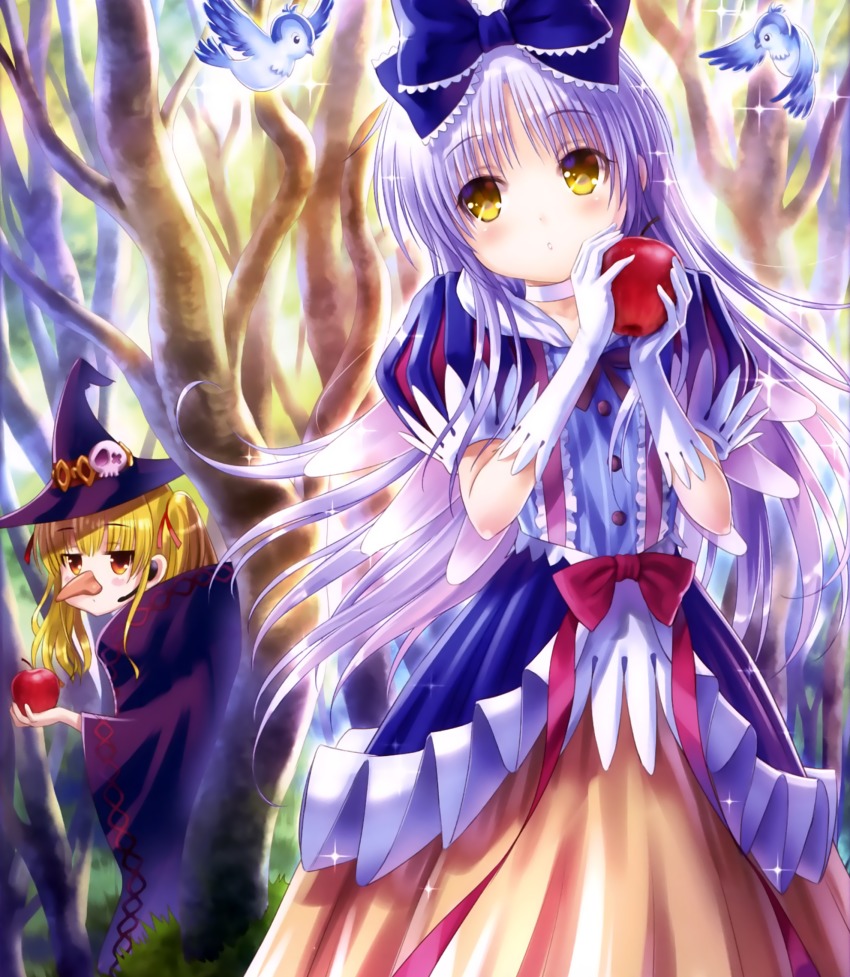 2girls, angel_beats!, apple, bare_tree, bird, blonde_hair, blue_bow, blush, bow, brown_hair, choker, cloak, closed_mouth, collarbone, cosplay, day, disney, earpiece, expressionless, eyebrows, food, forest, fruit, gloves, goto_p, hair_bow, hair_ribbon, hat, head_tilt, highres, holding, holding_food, holding_fruit, light_purple_hair, long_hair, multiple_girls, nature, orange_skirt, outdoors, parted_lips, peeking_out, puff_and_slash_sleeves, puffy_short_sleeves, puffy_sleeves, queen_(snow_white)_(cosplay), red_ribbon, ribbon, scan, shirt, short_sleeves, skirt, snow_white's_queen_(fairy_tale_character), snow_white_(disney)_(cosplay), snow_white_(fairy_tale), snow_white_(fairy_tale_character), snow_white_(fairy_tale_character)_(cosplay), sparkle, standing, tenshi_(angel_beats!), tree, two_side_up, very_long_hair, white_gloves, wicked, witch, witch_hat, yellow_eyes, yusa_(angel_beats!)