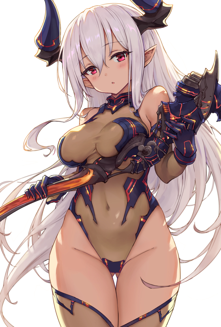 10s, 1girl, :o, bare_shoulders, borrowed_character, breasts, colo_mag-chan, covered_navel, cowboy_shot, draph, female_focus, gloves, gluteal_fold, gou_(ga673899), granblue_fantasy, hair_between_eyes, haoni, highleg, highleg_leotard, holding, holding_weapon, horns, leotard, long_hair, looking_at_viewer, medium_breasts, pointy_ears, red_eyes, solo, standing, thigh_gap, thighhighs, very_long_hair, weapon, white_background, white_hair