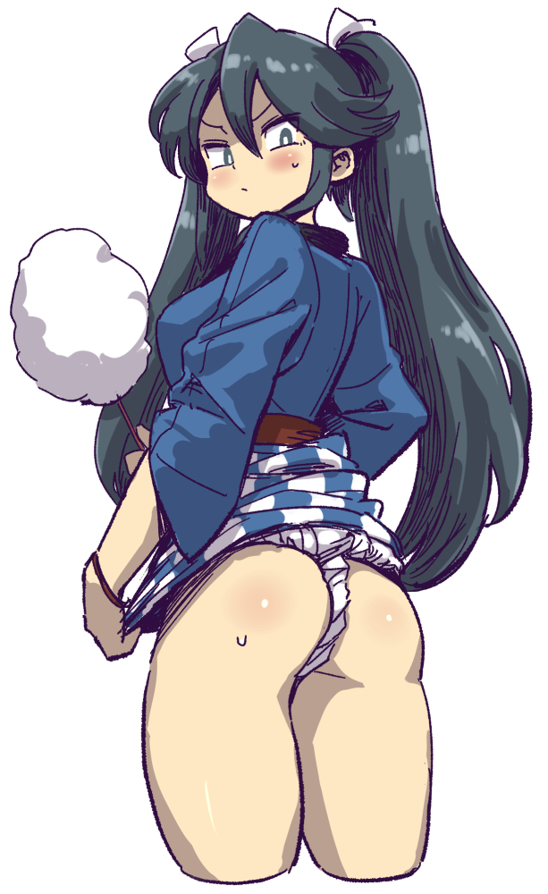 10s, 1girl, ass, back, bad_id, bad_pixiv_id, black_eyes, black_hair, blush, breasts, cropped_legs, female_focus, from_behind, fundoshi, happi, isuzu_(kancolle), japanese_clothes, kantai_collection, long_hair, looking_at_viewer, looking_back, mizuno_(okn66), simple_background, solo, sweatdrop, white_background