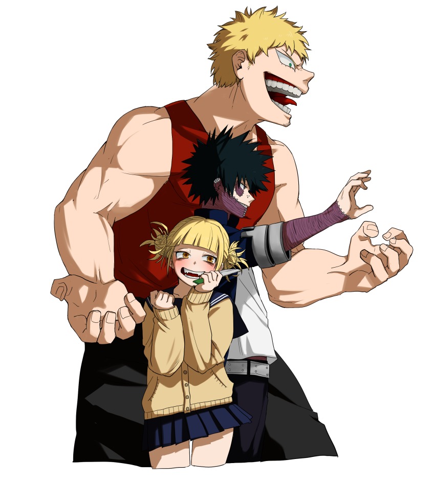 10s, 1girl, 2boys, absurdres, blonde_hair, blunt_bangs, boku_no_hero_academia, cardigan