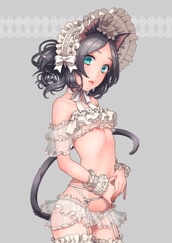 1girl, animal_ears, aqua_eyes, bad_id, bad_pixiv_id, black_hair, blue_eyes, bonnet, breasts, cat_ears, crop_top, crop_top_overhang, female_focus, frilled_panties, frills, garter_belt, garter_straps, misaka_niumu, navel, original, panties, parted_lips, short_hair, small_breasts, solo, tail, thighhighs, underwear, white_panties, white_thighhighs, wrist_cuffs