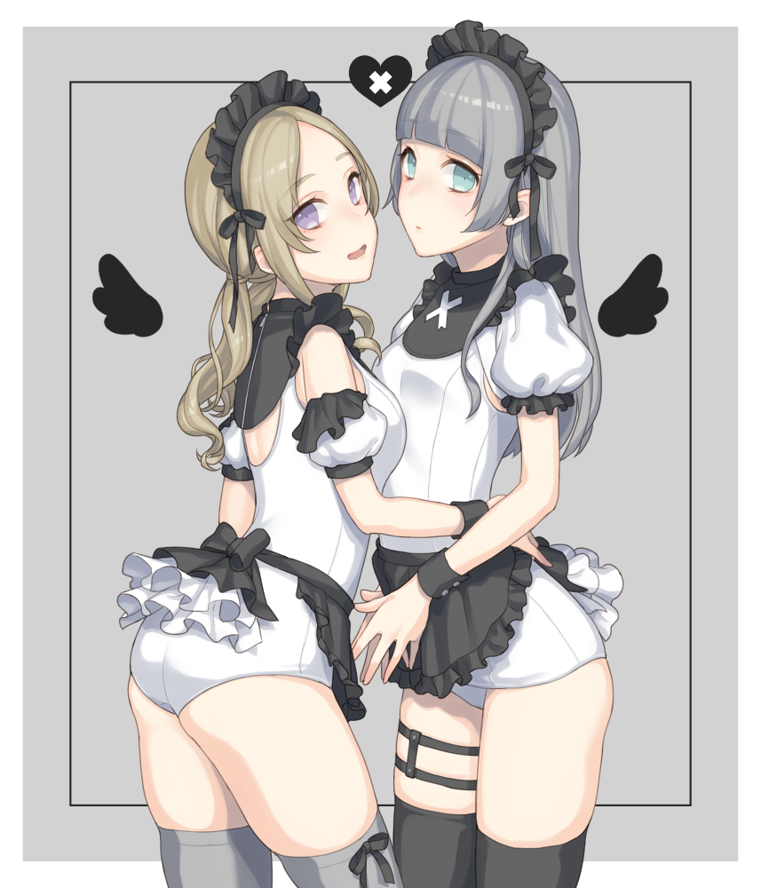 2girls, apron, ass, bad_id, bad_pixiv_id, black_legwear, blue_eyes, brown_hair