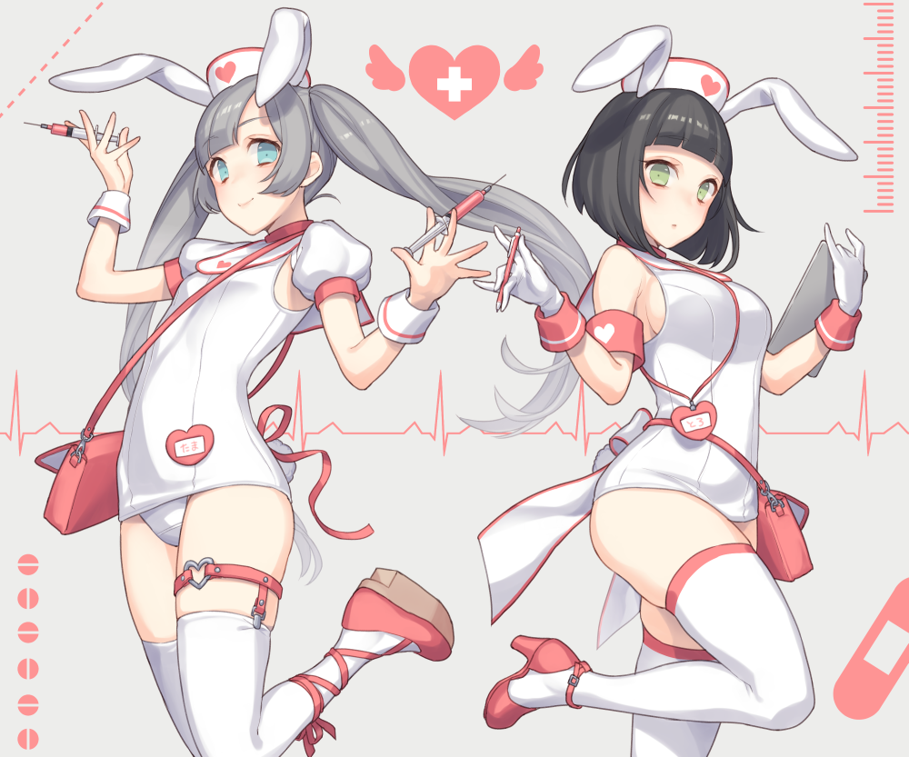 2girls, animal_ears, arms_up, bad_id, bad_pixiv_id, bag, black_hair, blue_eyes