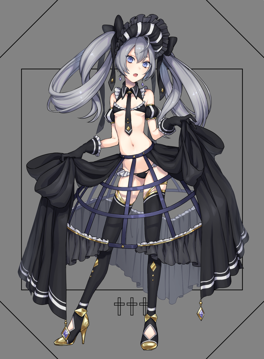 1girl, bad_id, bad_pixiv_id, bikini, black_thighhighs, blue_eyes, bonnet, clothes_lift