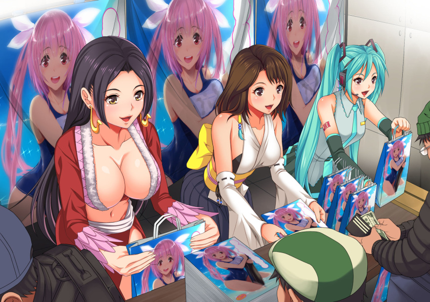 3girls, amazon_warrior, aqua_necktie, backpack, bag, banknote, bare_shoulders, black_bra, black_eyes, black_hair, blue_skirt, boa_hancock, boa_hancock_(cosplay), bra, breasts, brown_eyes, brown_hair, center_opening, cleavage, collarbone, collared_shirt, convention, cosplay, cowboy_shot, detached_sleeves, doujin_(object), earrings, final_fantasy, final_fantasy_x, fingernails, game_cg, glasses, green_hair, groin, hair_ornament, hakama, hakama_skirt, happy, hat, hatsune_miku, hatsune_miku_(cosplay), headset, highres, holding, holding_staff, i-19_(kancolle), i-19_(kancolle)_(cosplay), indoors, jall_boint, japanese_clothes, jewelry, kantai_collection, kimono, large_breasts, leaning_forward, lips, long_hair, long_sleeves, looking_at_another, looking_at_viewer, medium_breasts, midriff, miniskirt, money, multiple_boys, multiple_girls, navel, necktie, no_bra, obi, one-piece_swimsuit, one_piece, original, otaku, parted_lips, pink_hair, pink_lips, pleated_skirt, poster_(medium), poster_(object), red_eyes, revealing_clothes, ribbon, ribbon-trimmed_sleeves, ribbon_trim, sash, shirt, short_hair, skirt, sleeveless, sleeveless_kimono, sleeveless_shirt, smile, snake_earrings, staff, standing, stomach, swimsuit, table, tassel, tattoo, teeth, twintails, underwear, very_long_hair, vocaloid, wide_sleeves, yellow_eyes, yuna_(cosplay), yuna_(ff10), yuna_(ff10)_(cosplay)