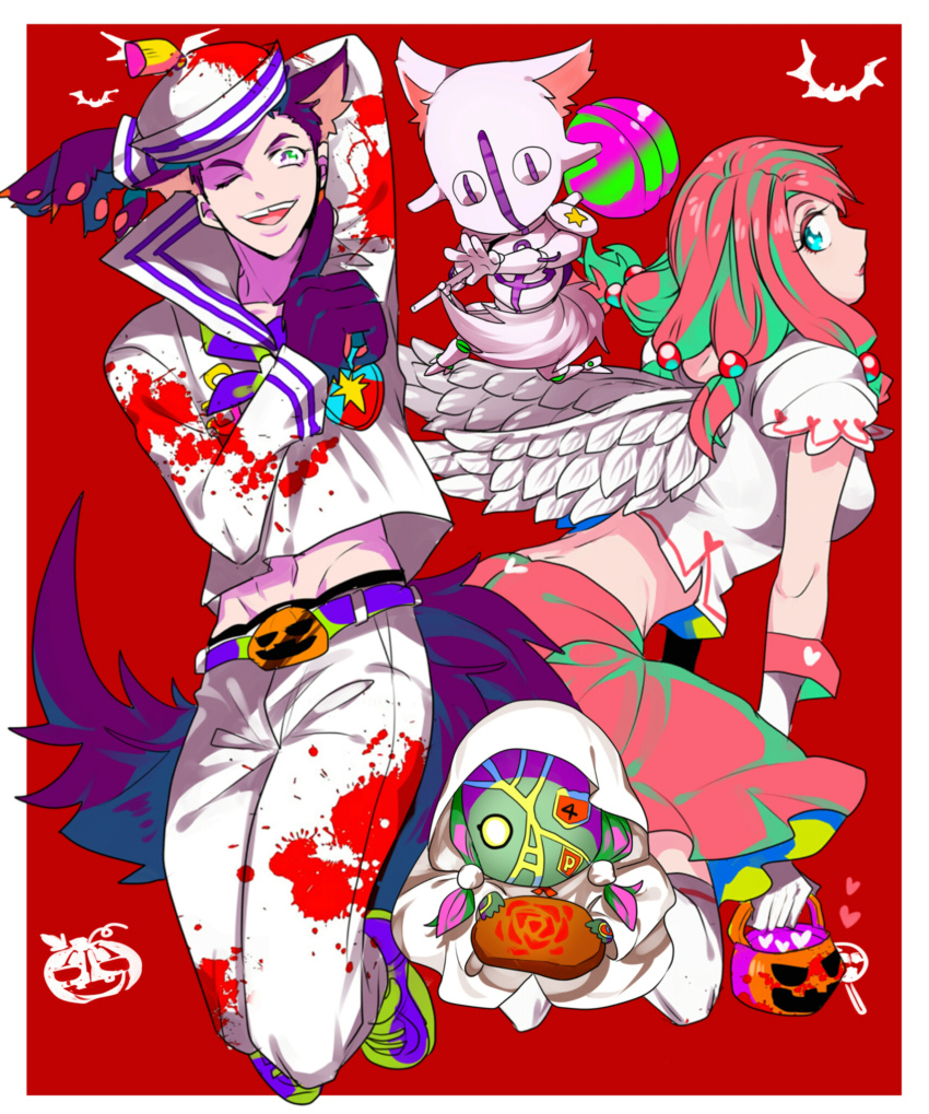 angel_wings, animal_ears, animal_hands, aqua_eyes, arm_behind_head, basket, bat_(animal), blood, blood_splatter, blood_stain, candy, cloak, dixie_cup_hat, food, green_eyes, hair_bobbles, hair_ornament, hat, heart, higashikata_josuke_(jojolion), highres, hirose_yasuho, index_finger_raised, jack-o'-lantern, jojo_no_kimyou_na_bouken, jojolion, kemonomimi_mode, lipstick, lollipop, makeup, military_hat, one_eye_closed, open_mouth, paisley_park_(stand), pink_hair, pink_lips, purple_hair, sailor, sen_no_ki, skirt, smile, soft_&amp;_wet, stand_(jojo), tail, thighhighs, tooth_gap, wings, wolf_ears, wolf_tail