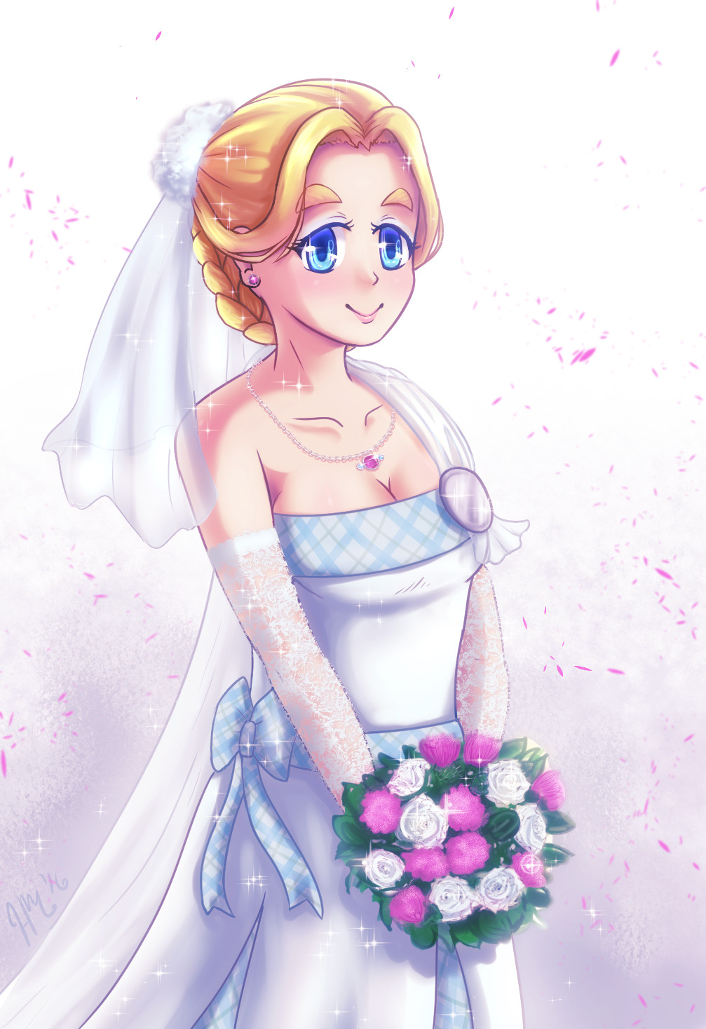 1girl, bead_necklace, beads, blue_eyes, bouquet, bow, braid, breasts, bridal_veil, bride, brooch, cape, cleavage, commentary_request, confetti, dress, earrings, edinburgh_(warship_girls_r), elbow_gloves, eyeshadow, female_focus, flower, fluffy, gloves, highres, jewelry, makeup, mignonette, necklace, pendant, pink_flower, pink_rose, plaid_bow, rose, solo, thick_eyebrows, veil, warship_girls_r, wedding_dress, white_dress, white_flower, white_rose